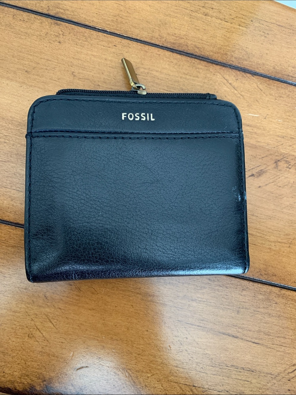 Fossil Black Leather Zip Card Case with Gold Hardware